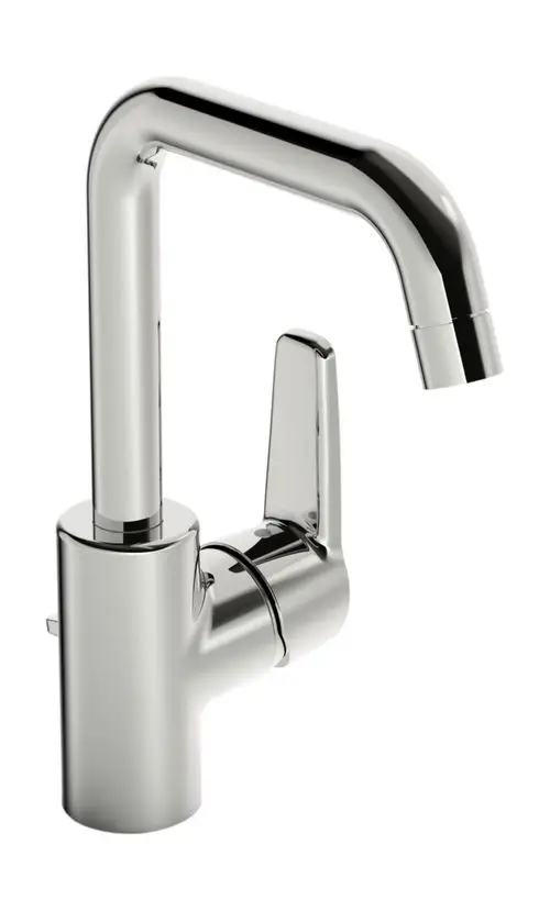 Einhebelmischer in Chrom-Optik mit seitlichem Hebel und abgerundetem Auslauf. Modell von HANSA mit integriertem Zugstangenablauf.